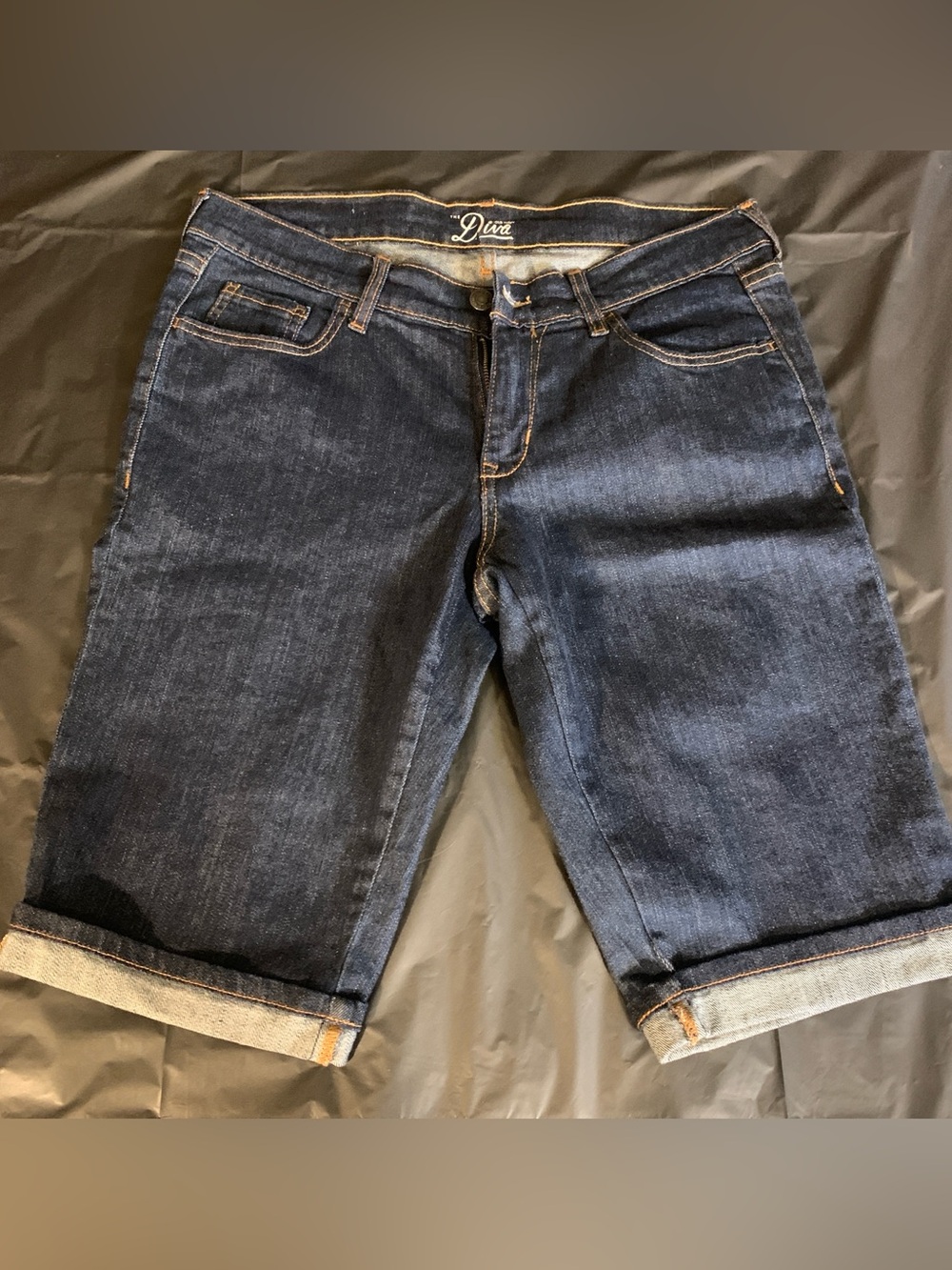 Old Navy Diva Dark Indigo Denim Shorts Size 8 with Orange Topstitch